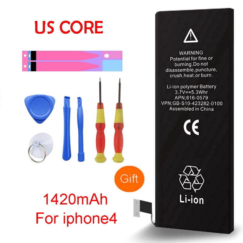 

High Quality A+ Battery Real Capacity 1420mAh Replacement Li-ion Battery With Tools for iphone 4 0 Cycle 1 year warranty