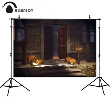 

Allenjoy photography background halloween pumpkins porch gloomy house night backdrop studio photobooth props photocall customize