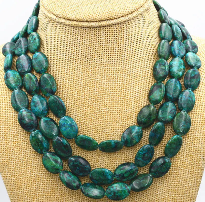 

Fashion jewelry 13x18mm Azurite Chrysocolla Gem Oval 3 rows Necklace AAA