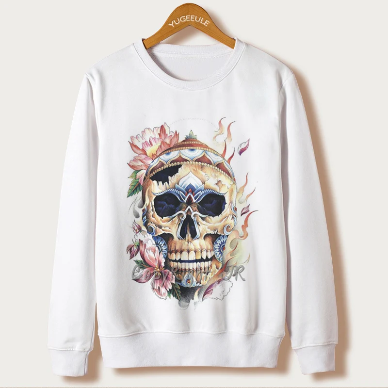 

New Rushed O-neck Full Harajuku Sweatshirt Sudaderas Mujer 2017 Autumn Casual Hoodies Women Polerones Skull Print Sleeve Hooded