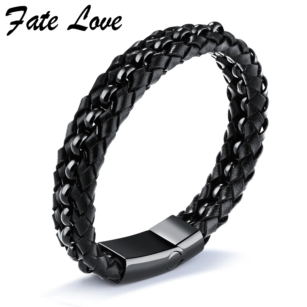 

Handmade Black Mens Leather Bracelets 2017 Fashion Brand Men Bracelet Vintage Jewelry Stainless Steel Jewellery Pulseras Hombre