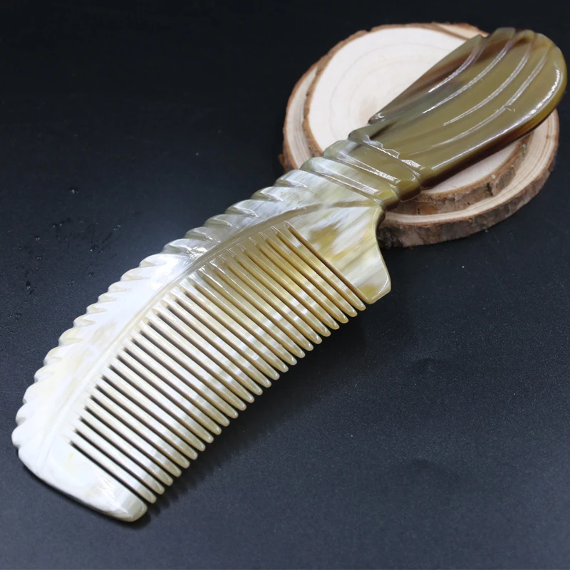HORATII High Quality 20CM Natural Carving Cattle Horn Comb Hair Massage