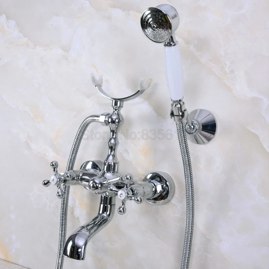 Chrome Polished Wall Mount Clawfoot Bathtub Tub Faucet With Hand Shower