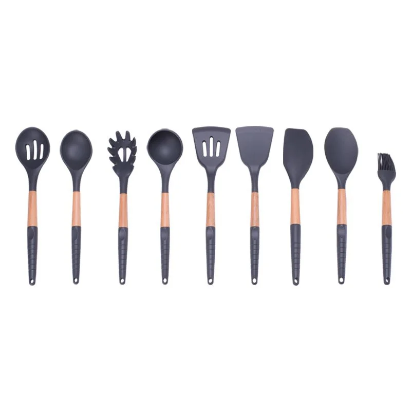 

Wood Handle Silicone Cooking Utensils Set For Kitchen Slotted Turner Spatula Spoon Ladle Spaghetti Tools Kitchen Tool