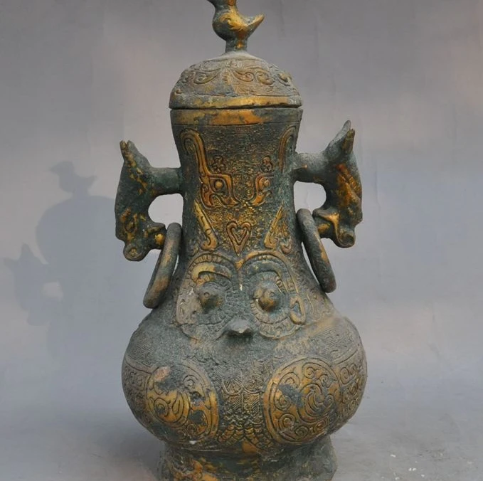 

Old China Classical Pure Bronze Beast Head Bird Statue zun Bottle Pot Jar Crock