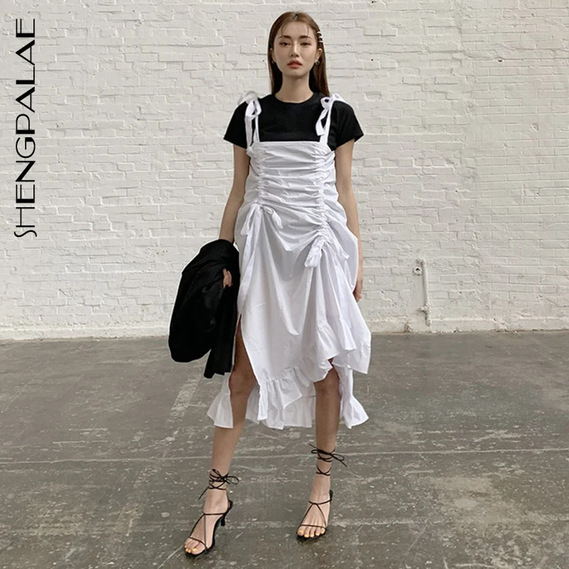 

SHENGPALAE Chic Temperament Pulling Rope Arrangement Irregular Lotus Leaf Edge Long Fund Korean Summer Dress Woman FQ198