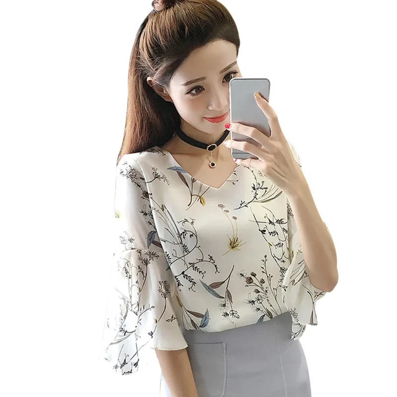 2019 Women Floral Shirt Small V-neck Female Blouses Korean Sweet Floral Ruffled Butterfly Sleeve Chiffon Tops