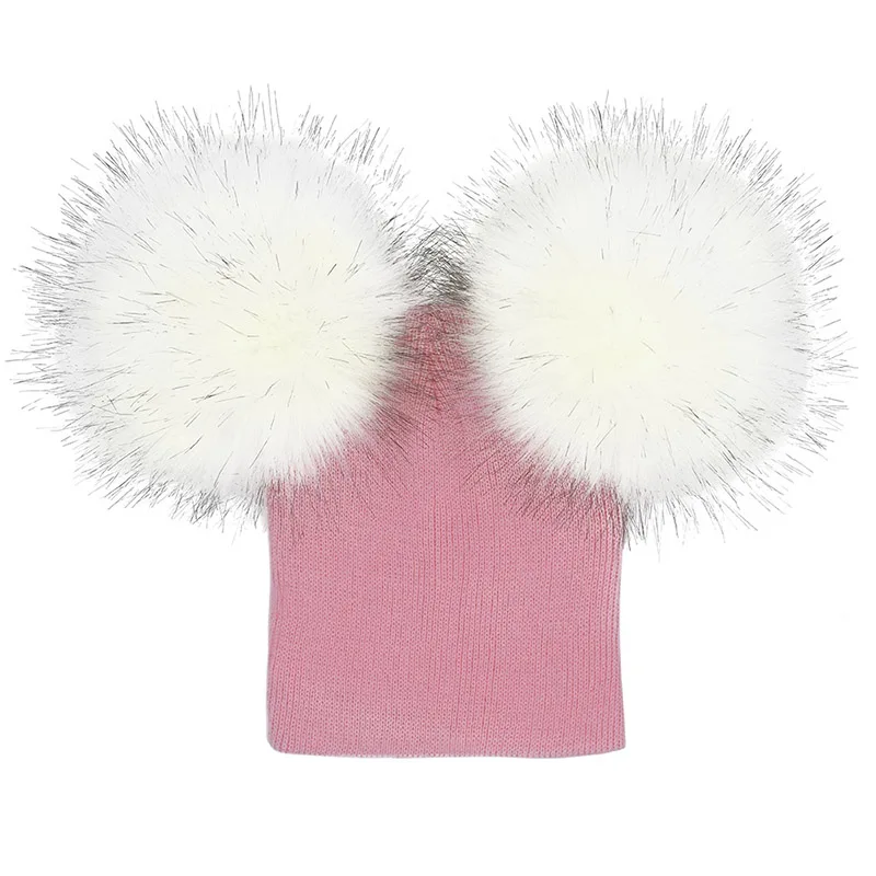 Зимняя вязаная шапка для маленьких мальчиков и девочек из искусственного меха, два помпон, милая детская шапка, однотонная теплая детская шапка - Цвет: pink