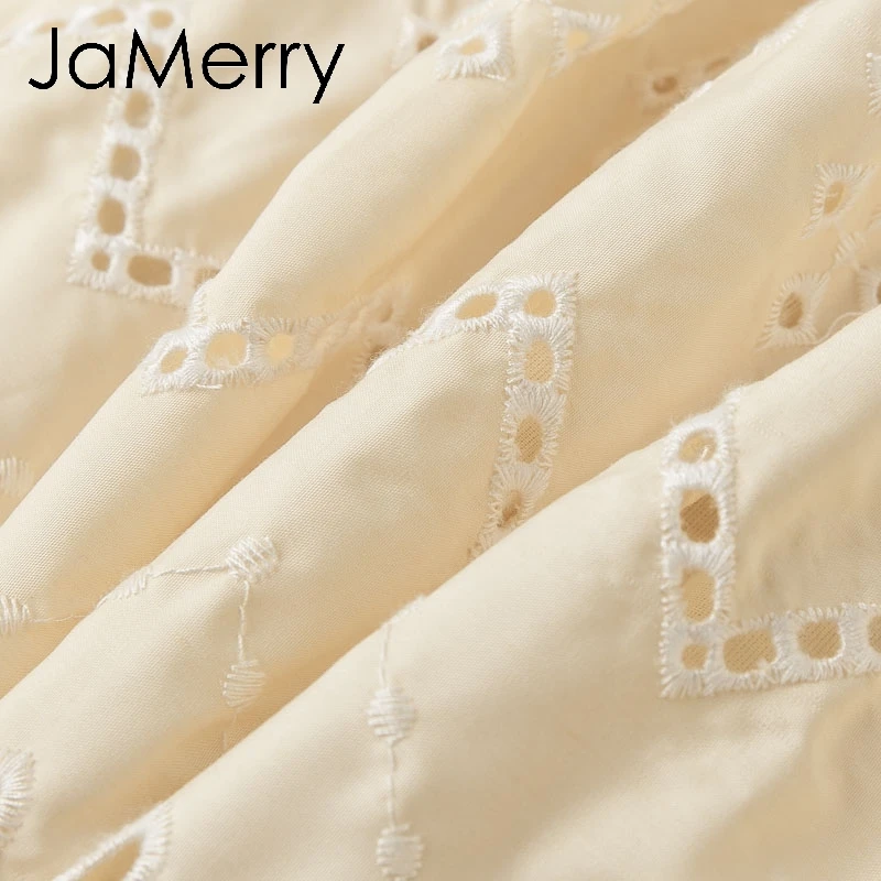 JaMerry Elegant embroidery lace blouse women Summer short sleeve ruffle hollow out tops Fashion ladies solid blouses and tops