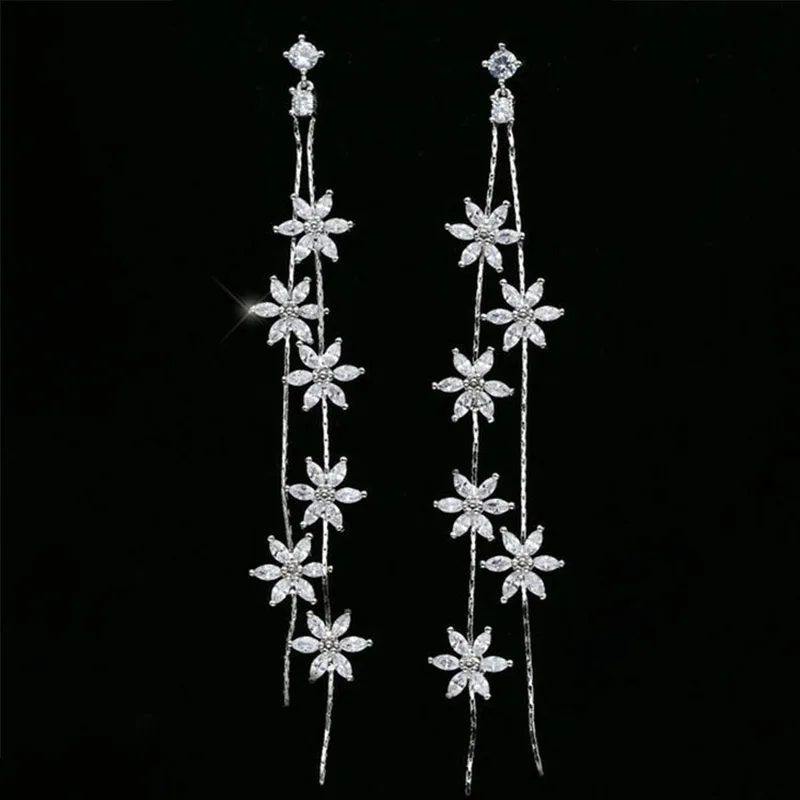 

Hot Silver color Exquisite Flower Long Tassel Crystal Earrings for women Wedding Fashion Jewelry boucles d'oreilles femmes