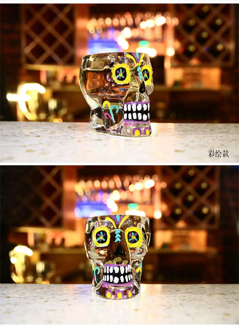 Personality  Hand Painted 70ml Colorful Skull Glass Transparent Crystal Skull Head Shot Mug Whiskey Wine Vodka Beer Mug 8