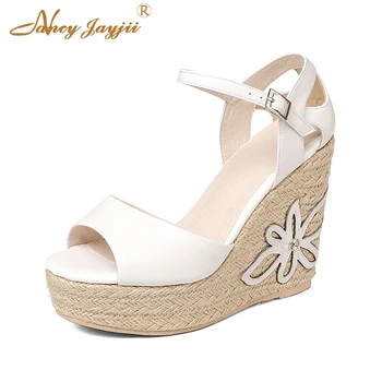 

Genuine Leather Woman Sandals White Platform Espadrille High Wedges Dress Buckle Strap Solid Sexy Fashion Female Lady Sweet 37