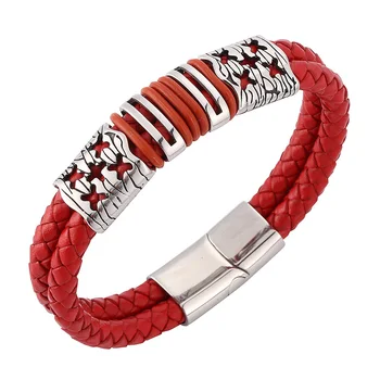 Pulsera de cuero trenzada doble para hombre, brazalete de acero inoxidable con Cierre magnético, SP0112