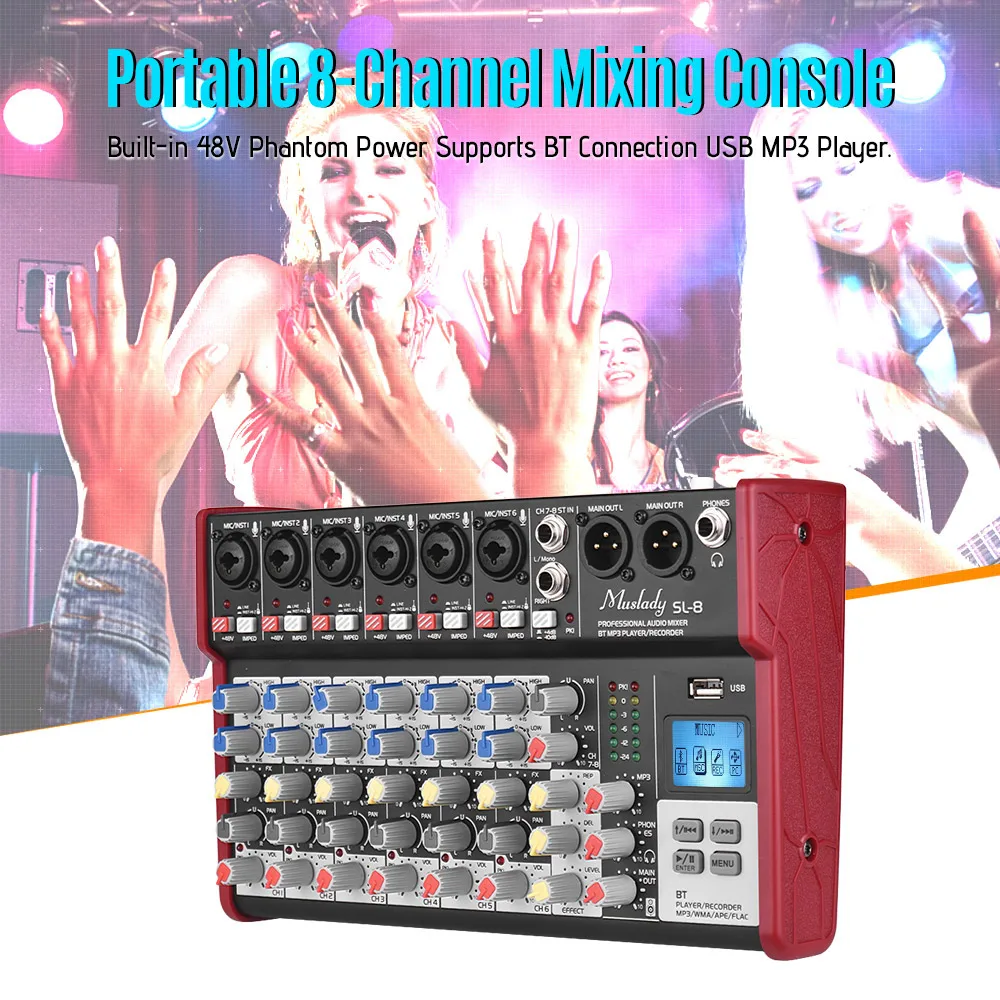 

Muslady SL-8 Portable Mixing Console Mixer Supports BT Connection USBMP3 Player Recording DJ Webcast Karaoke