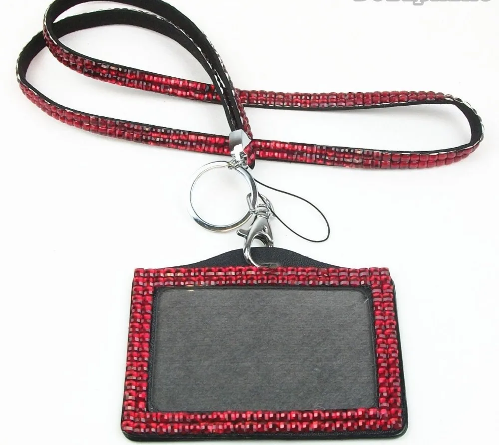 Discount Free shipping 100 pcs/lot Rhinestone Bling Lanyard with Horizontal Lined ID Badge Holder and Key Chain 0