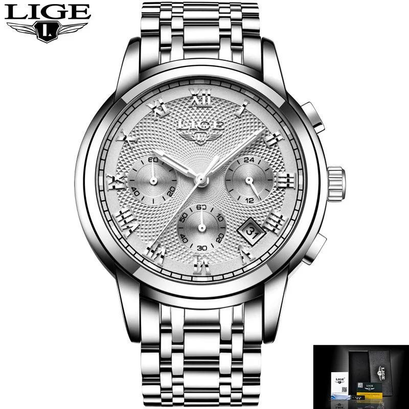 Новые часы Мужские люксовый бренд LIGE Хронограф Мужские спортивные часы водонепроницаемые полностью Стальные кварцевые мужские часы Relogio Masculino - Цвет: steel silver white