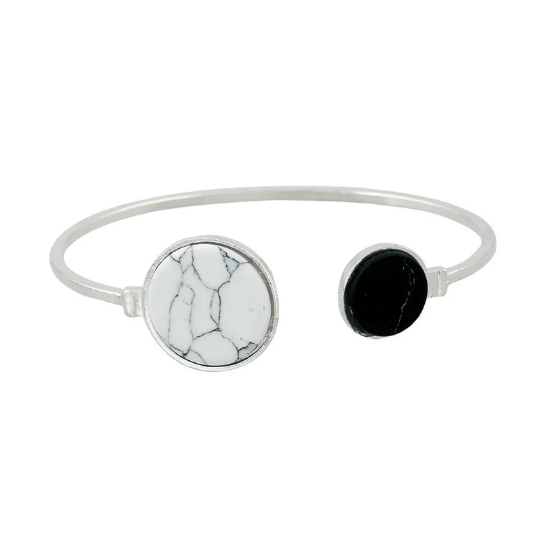 

Black Geometric Silvery Adjustable Luxury Girls Faux Marble Stone Simple Open Cuff Bracelet Triangle Round Women Bangles White