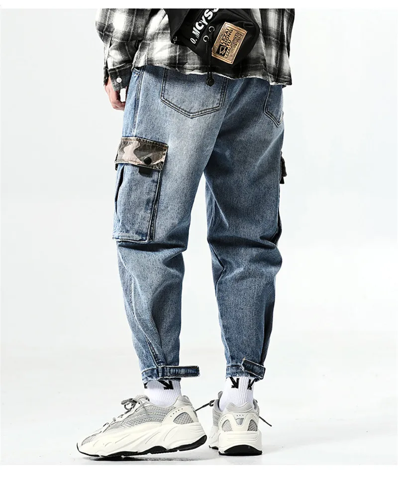 Fashion Loose Men's Cargo Pants Vintage Washed Man Multi-Pockets Jeans Patchwork Big Pockets Distressed Beam Feet Denim Trousers (1)