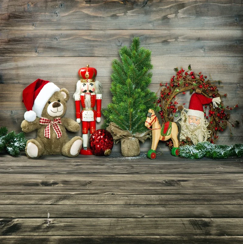 

Laeacco Wooden Board Pine Tree Santa Claus Bear Baby Photography Backgrounds Customized Photographic Backdrops For Photo Studio