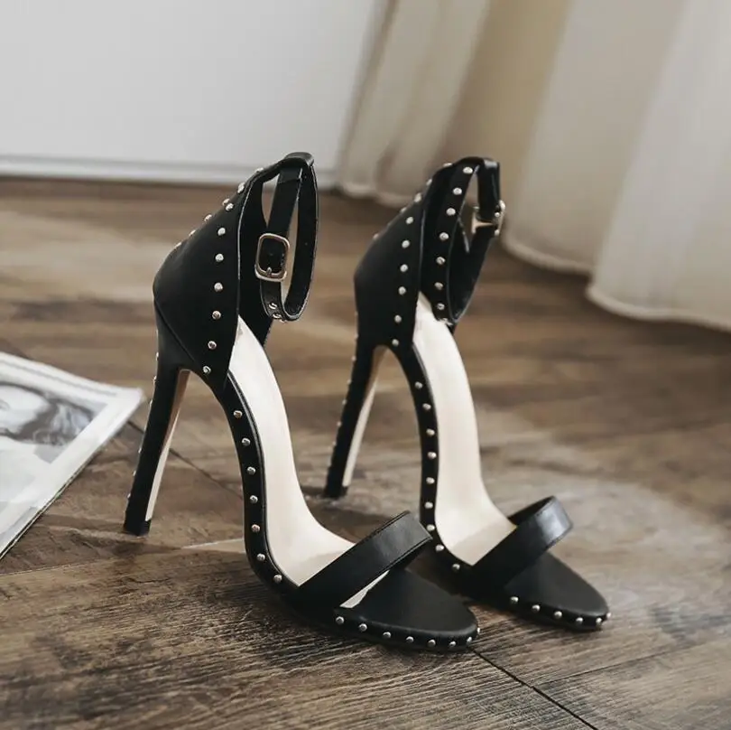 Women Leather Rivet High Heels Female Shoes Sexy Ankle Summer Shoes Peep Toe women pumps Sandal sandalia feminina D048