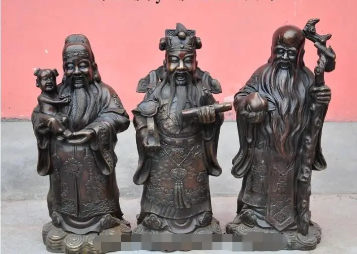 

S00424 24"China Bronze Mammon Longevity Fu Lu Shou 3 Immortal God Ruyi peach Kid Statue