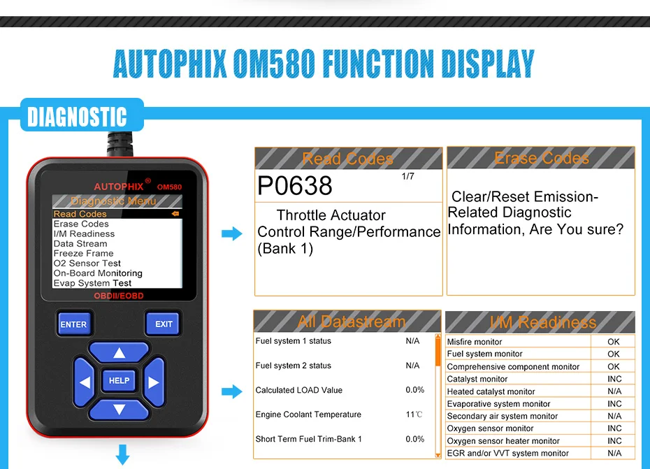 Autophix OM580 OBD 2 автоматический диагностический сканер автомобильный диагностический инструмент EOBD EVAP O2 Автомобильный сканер для автомобилей считыватель кодов ODB2