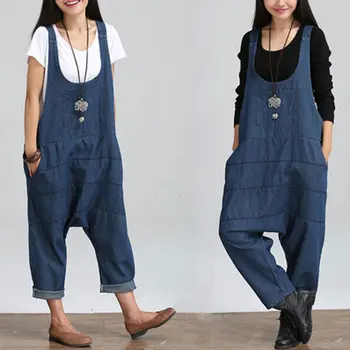 

2018 new Korean Literary Loose Denim Bib Female Large size Jumpsuit Harem pants Ladies Denim trousers Size S M L XL