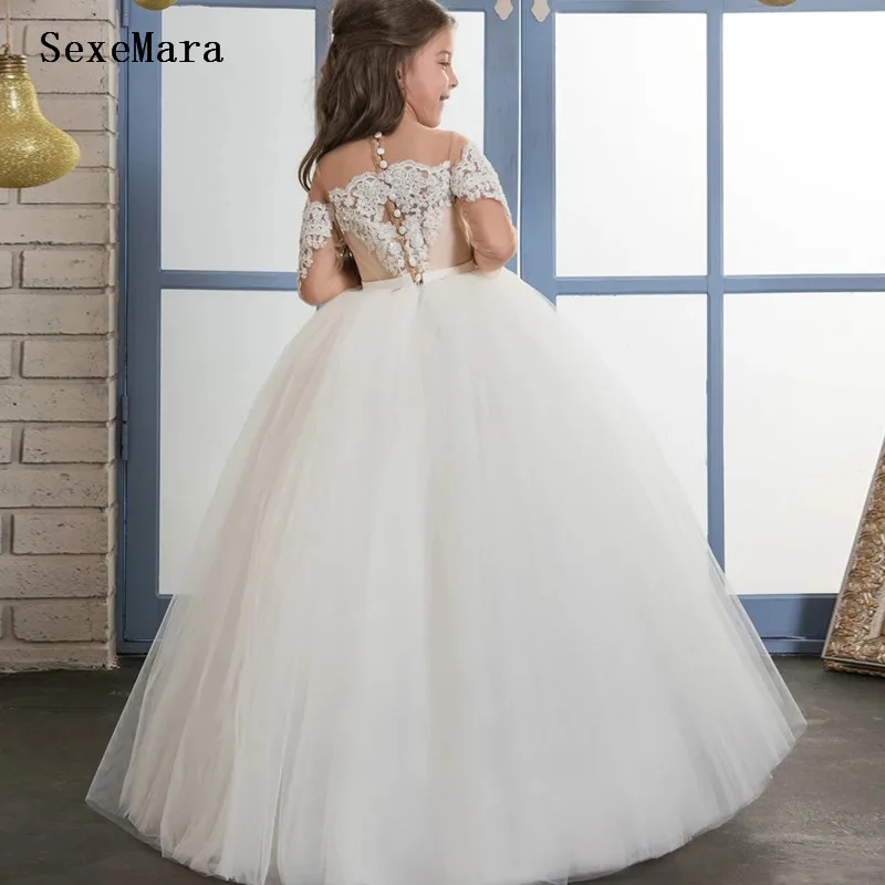 

Flower Girls Dresses for Weddings White Lace Nude Lining Long Sleeves Applique Girls First Communion Gown Size2-16Y