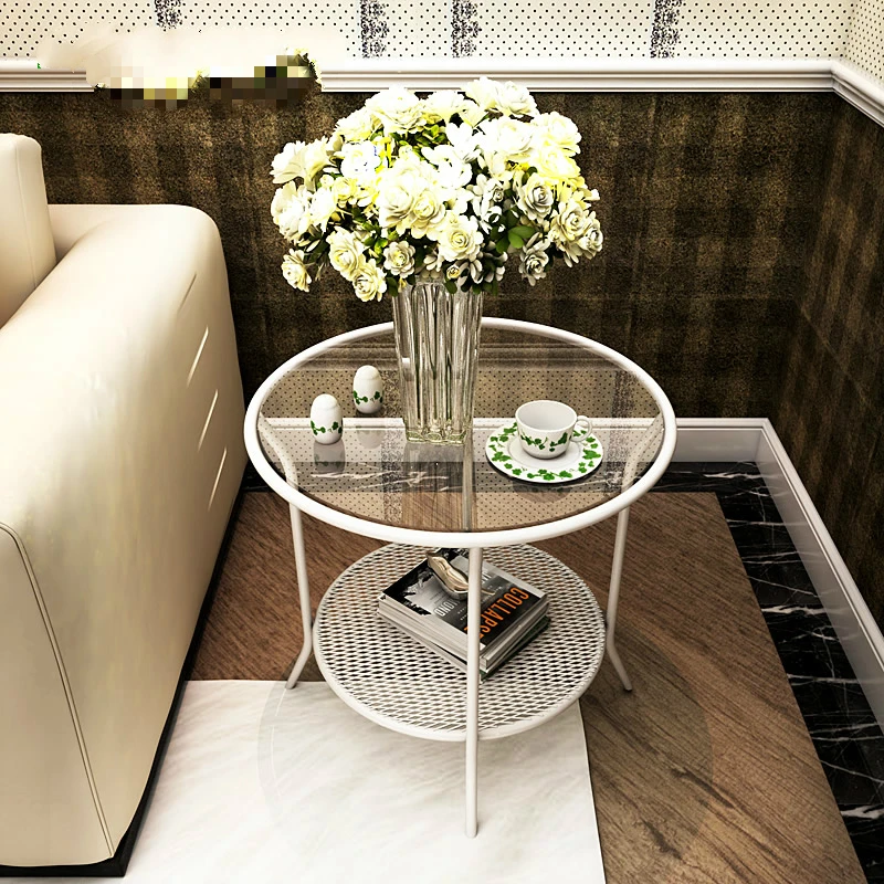 Modern Minimalist Corner Iron Tea Table Room Phone Several Sofa Side Table Tempered Glass Small Round Table