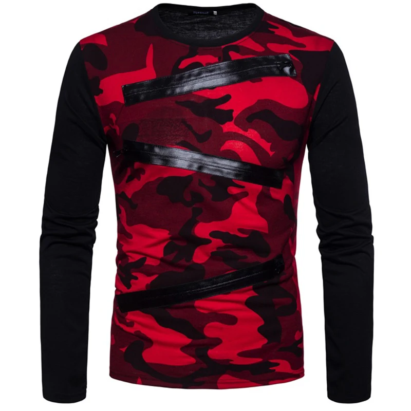 

Men's summer fashion camouflage military tee shirt men printed 3d print shirt men casual leather patchwork zipper t shirts men
