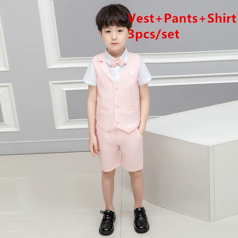 Модный комплект одежды для мальчиков: жилет+ штаны с галстуком-бабочкой, летняя нарядная одежда для маленьких джентльменов, одежда для свадебной вечеринки, клетчатые торжественные костюмы, детская одежда - Цвет: pink 3pcs