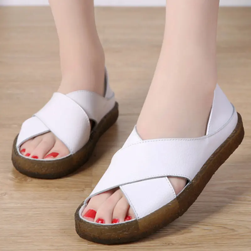 

Women Sandals Genuine Split Leather Ankle Slip on Platform Solid Slides Flat Heel Flip Flops Ladies Mules Sandalias Mujer 037W