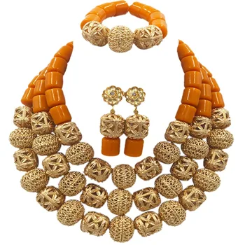 

New Nigerian Traditional African Wedding Necklace Gold Artificial Coral Beads Jewelry Set for Women ACB-04