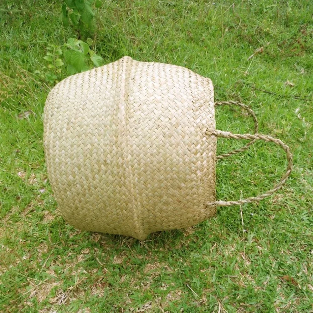 Household Foldable Natural Seagrass Woven Storage Pot Garden Flower Vase Hanging Handle Storage Bellied Basket Drop shipping