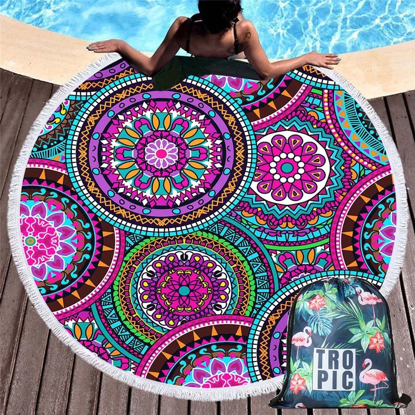 

Summer Round Beach Towels Geometric Mandala Circle Bath Shower Towel with Drawstring Storage Bag Yoga Mat Blanket Toalla Playa