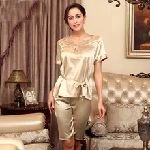 PS032 атласная Шелковая пижама Брендовая женская пижама Сексуальная кружевная с v-образным вырезом Ночная одежда для сна летние брюки длиной до колен пижамный комплект