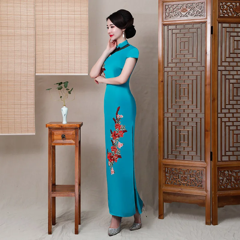 Женское Летнее Длинное Платье-туника, китайское традиционное платье, Cheongsam mordern, красный, синий, цветочный узор, китайский костюм tang Qipao