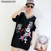 Женская черная хлопковая Футболка с принтом в стиле панк с v-образным вырезом, с коротким рукавом, с открытыми плечами, Vestido, женские свободные топы больших размеров LY547