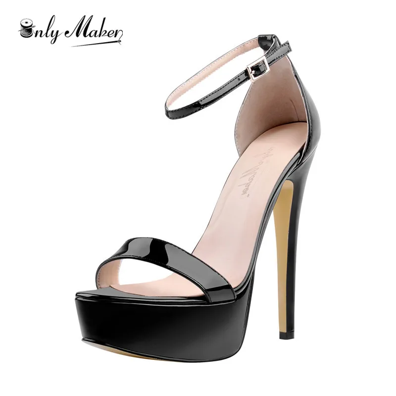 

2019 Summer Women's Sexy Open Toe Platform Stiletto Sandals Single Band Patent Leather Ankle Buckle Strap Party Dress Shoes