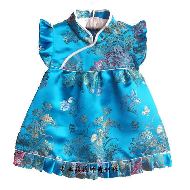 Новое платье для малышей Детское шелковое жаккардовое китайское платье Эксклюзивное Платье Чонсам для малышей от 4 месяцев до 3 лет, 12 лет,, QZ-7 - Цвет: blue peony