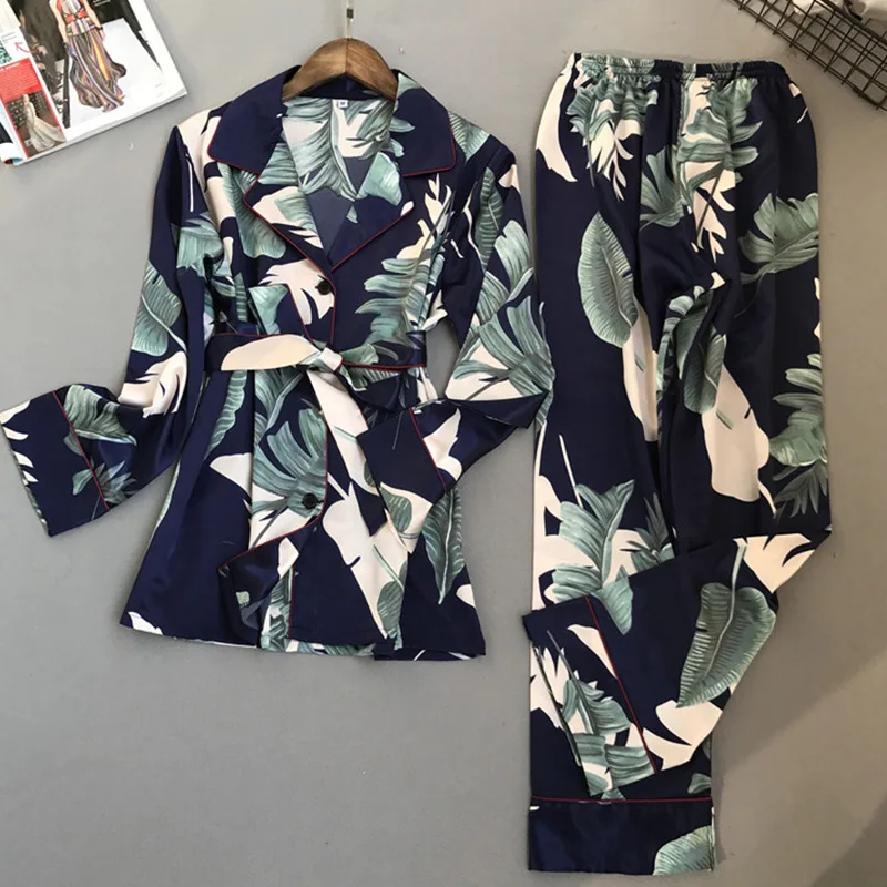

Floral Print Faux Silk Satin Women Pajamas Kimono Full Length Female Pajama Set Spring Autumn Fashion High Quality Woman Pyjamas