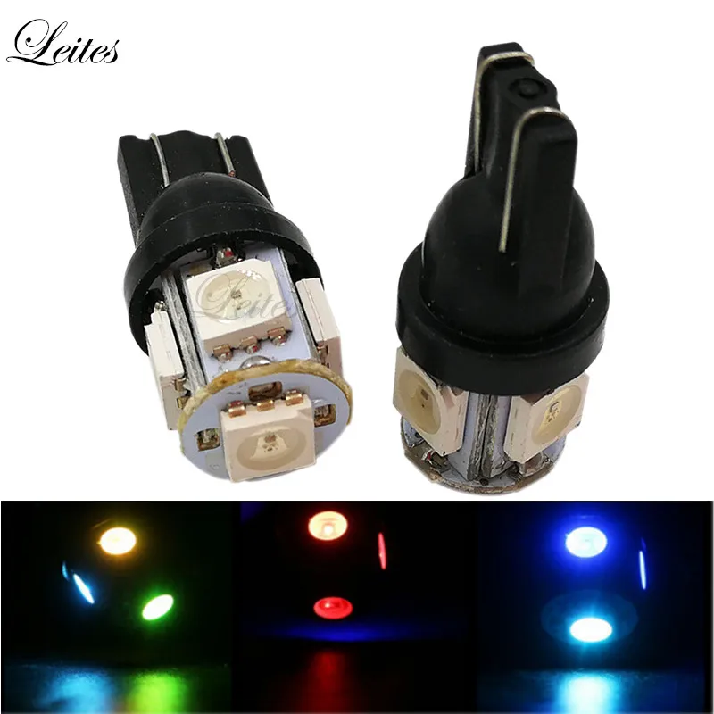 Leite 100 шт. Автомобильные светодиодные лампы RGB T10 194 w5w изменение цвета 5050 5SMD ширина