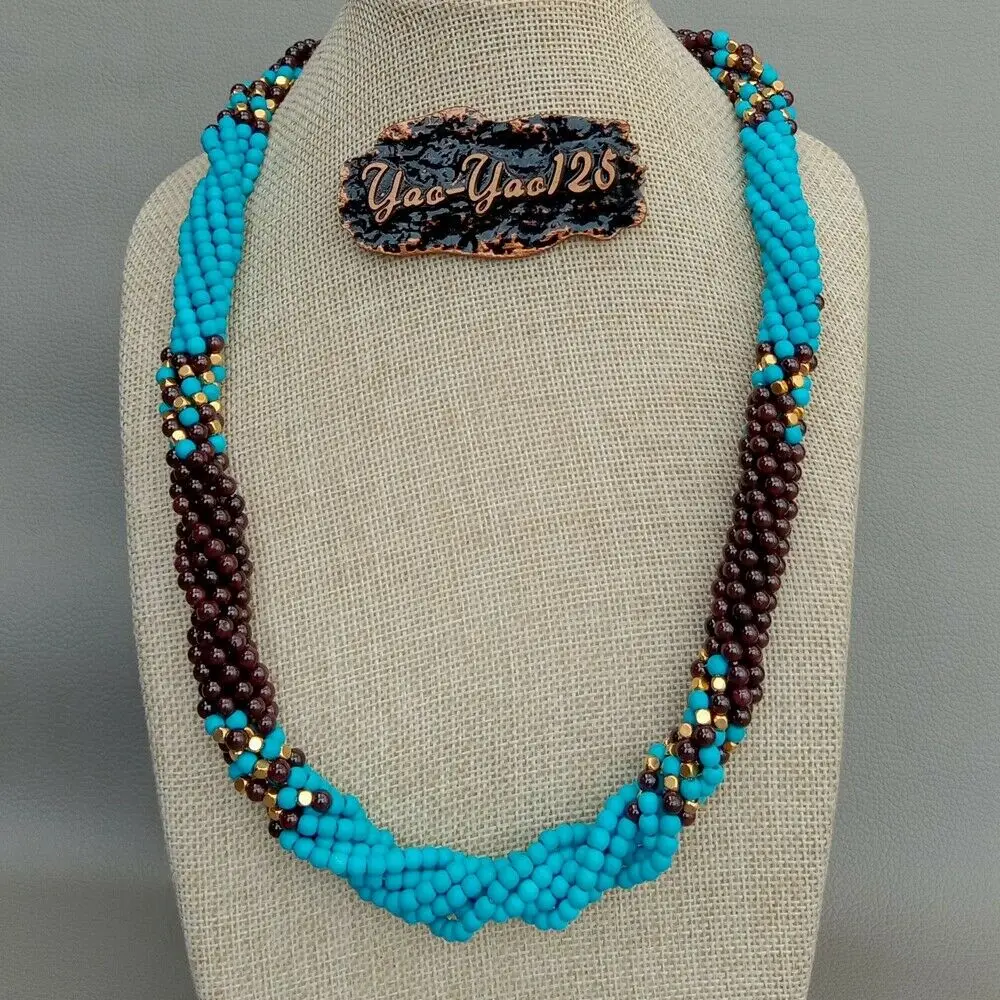 

23'' 7 Strands Round Blue Turquoise Garnet Necklace