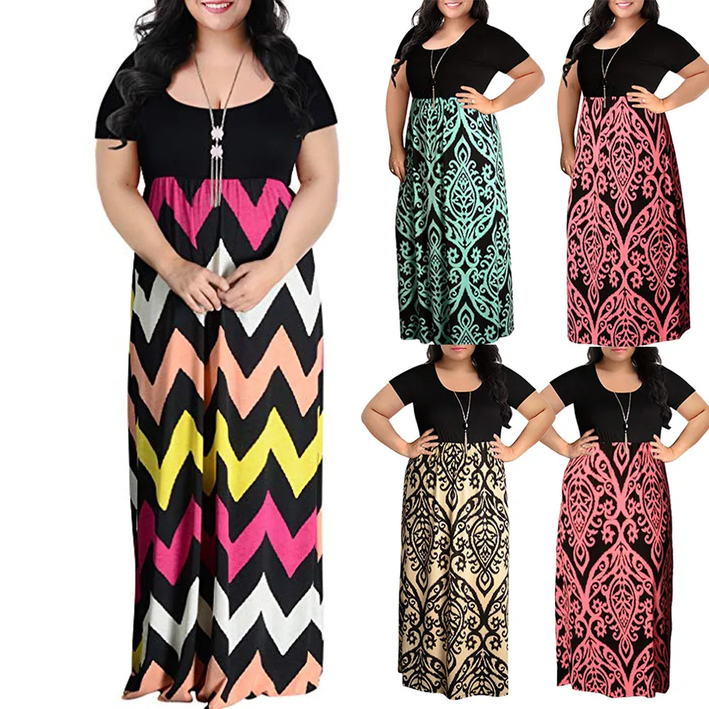 

Women's Chevron Print Summer Short Sleeve Plus Size Casual Long Maxi Dress Vintage Boho Beach Party Dress Falda de verano516