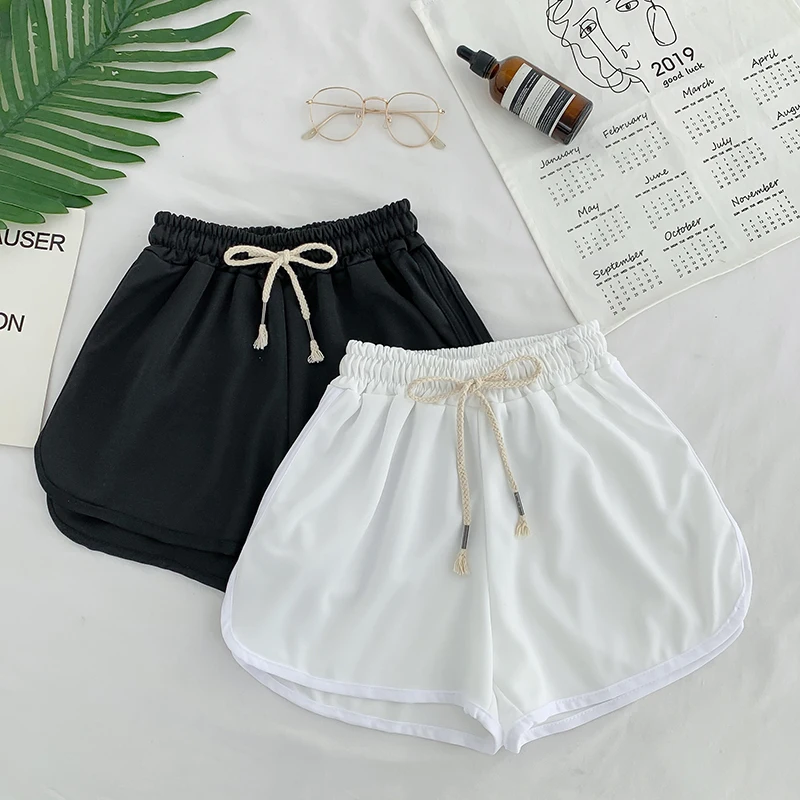 running shorts Lace Up Casual Summer Shorts Women Simple Elastic Slim Straight Shorts Ladies Fashion Beach High Waist Black White Shorts Female outfits for women