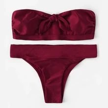 2019 Lady Sexy Solid Strapless Bandeau Biquini Cut Swim Wear Bathing Suit Swimsuit Thong Swimwear Women Knot Tie Front Bikini tie knot bandeau beach romper