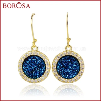 

BOROSA Elegant Gold Color Blue Color Round Natural Crystal Titanium Druzy Earrings Paved Crystal Zircon Lever Back Hook ZG055-1
