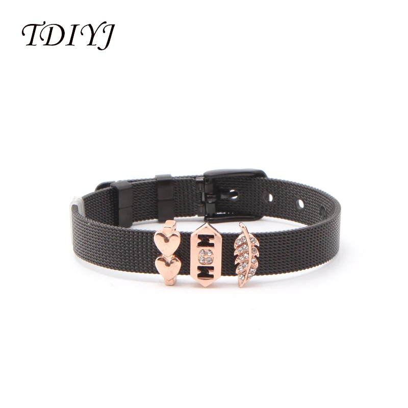

TDIYJ Love Mom Leaf Zircon Keeper Bracelet Set Mesh Heart Hobbies Charms Stainless Steel Black Bracelet 1Set