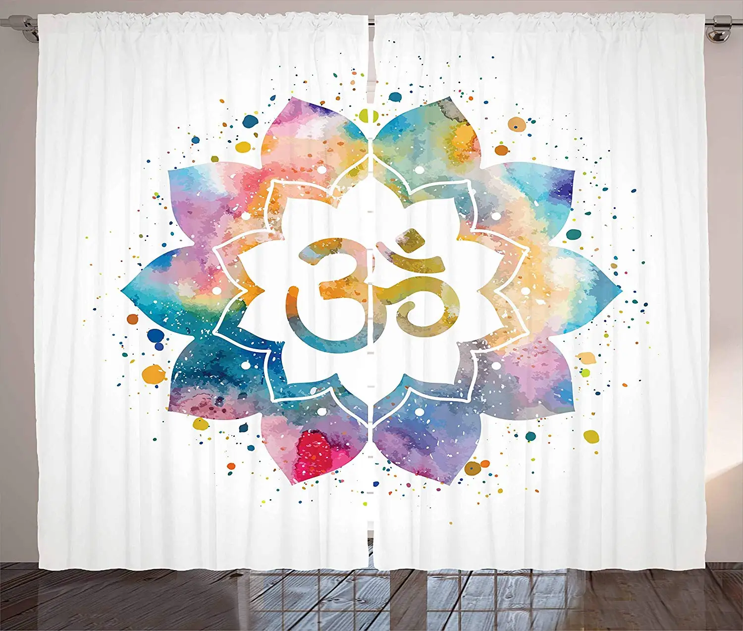 Yoga Curtains Religious Spiritual Sign on Artistic Lotus Flower with Watercolor Splash Peace of Mind Living Room Window Drapes | Дом и сад
