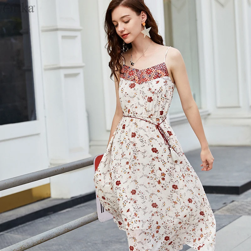 

ARTKA 2019 Summer Women Dresses Ethnic Style Retro Print Dress Chiffon Spaghetti Strap Dress Tassel Sashes Long Dress LA15894X